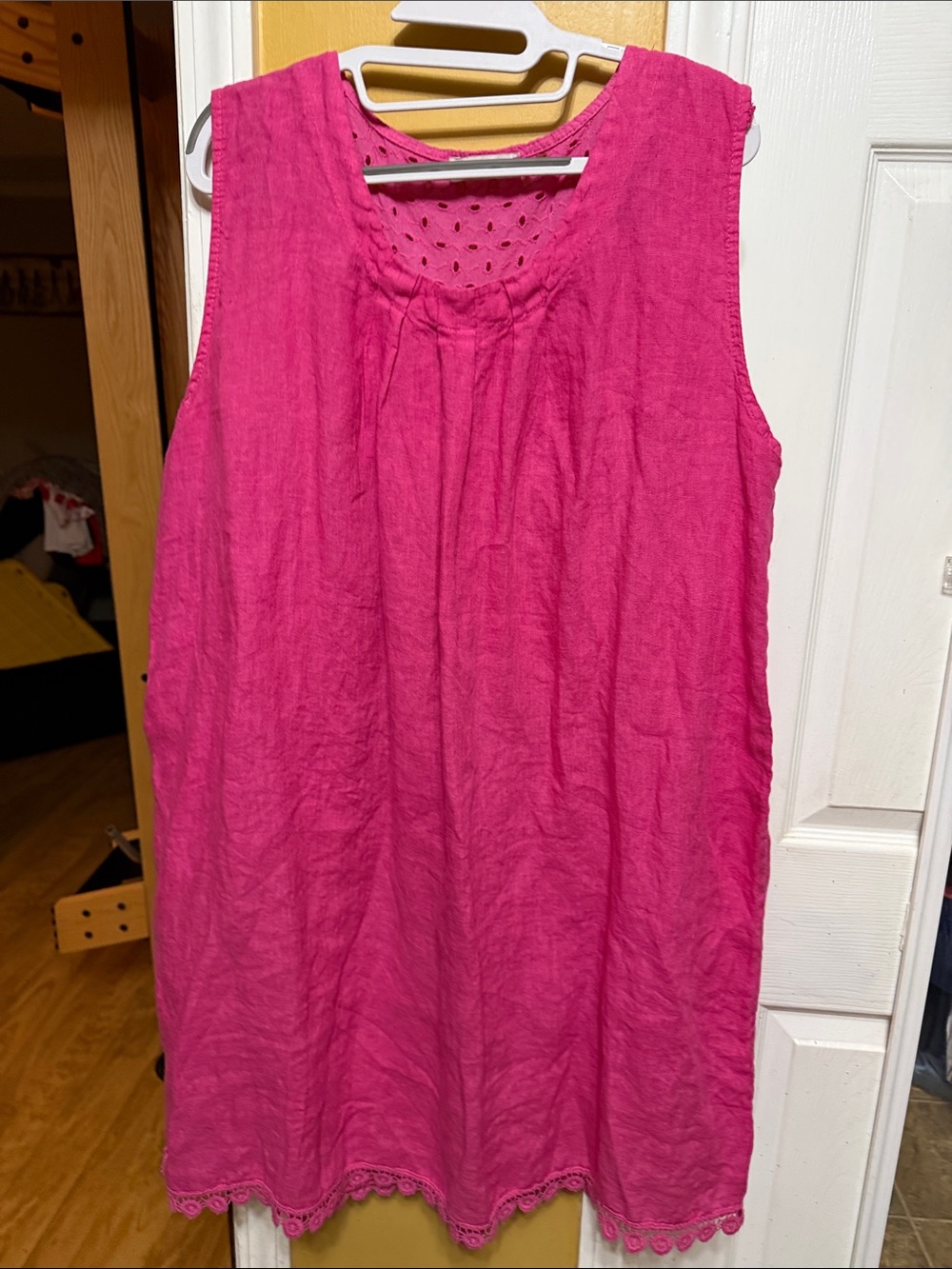 Bellambia made in Italy 100% Linen HotPink Tunic Eyelet Trim Sleeveless Dress